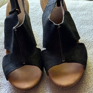 Clarks Black Suede Open-Toe Wedge Heels